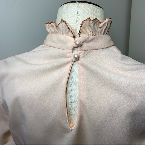 VINTAGE 70s Pink Prairie Dress Cottage Secretary Ruffle Neck Long Sleeves S/M - Picture 7 of 13